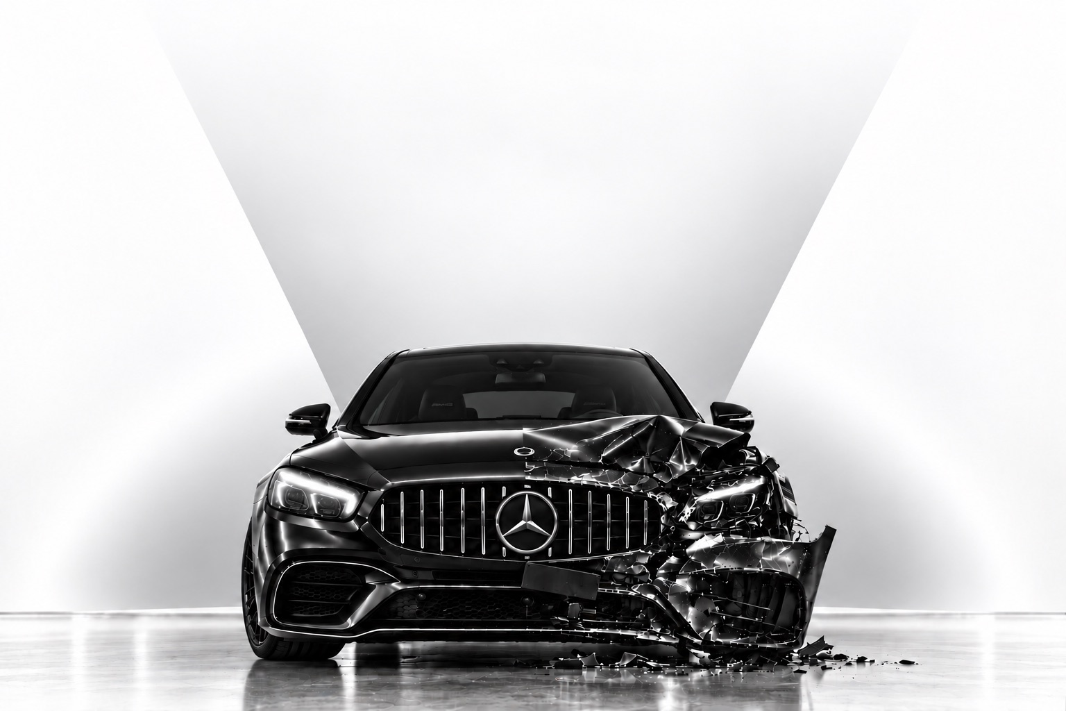 Front view of a black car with accident damage to its right side